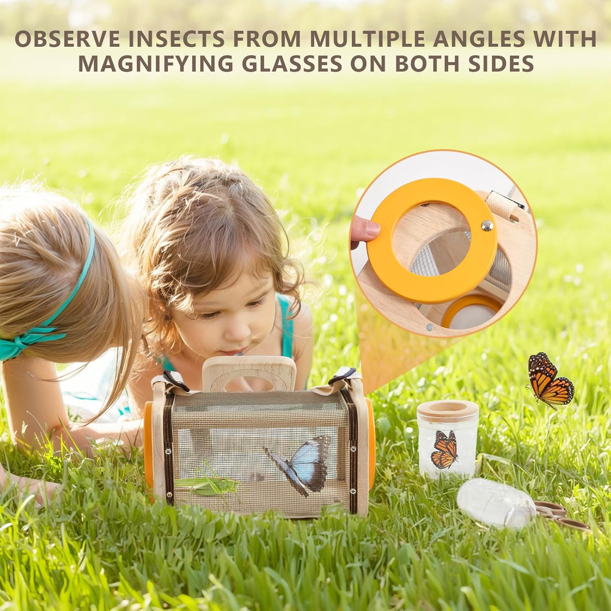 Wooden Bug Catcher for Kids, 8-in-1 Insect Exploration Set with Butterfly Net, Magnifying Glass