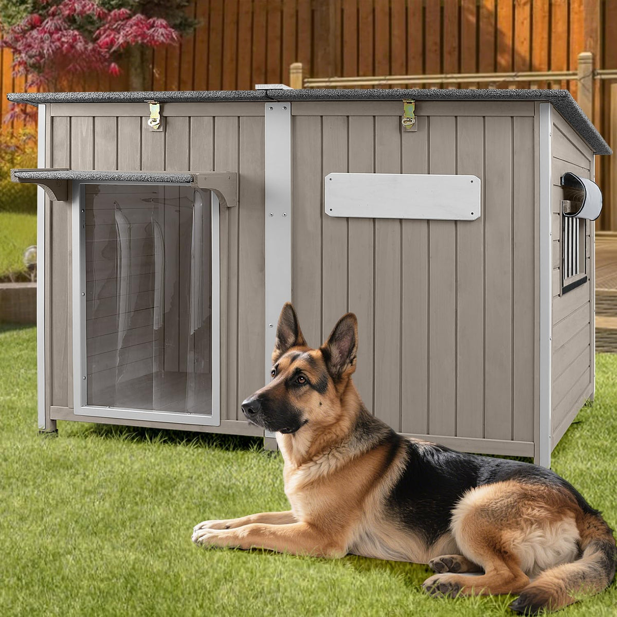 Large Dog House Outdoor XL Wooden Dog House with Weatherproof Asphalt Roof, Chew-Resistant Frame