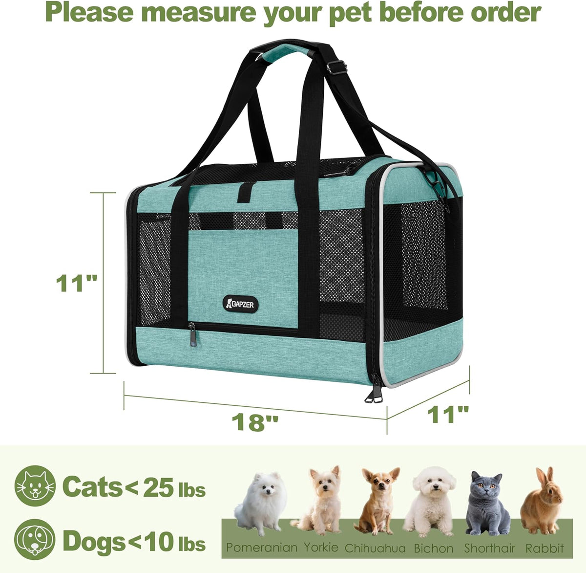 Cat Carrier 18"x11"x11" TSA Approved Ventilated Top Open Softsided Pet Air Travel Bag, Small Animal
