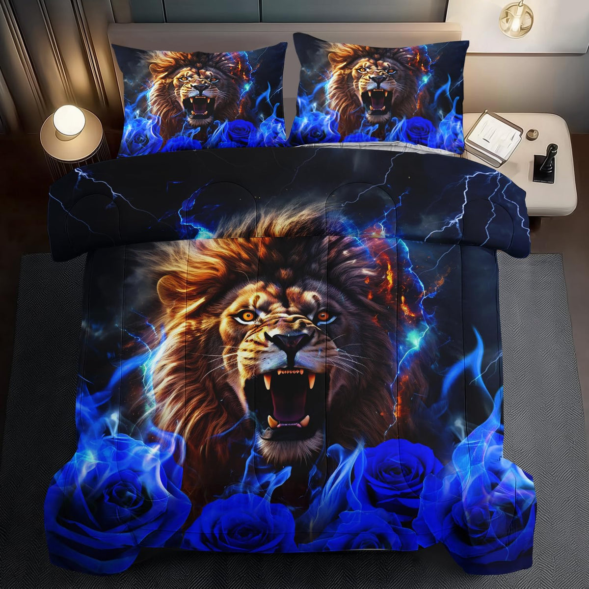 Lion Blue Comforter Set King,Lion Bedding Set Boys,Animal Print Comforter Bedroom Decor for