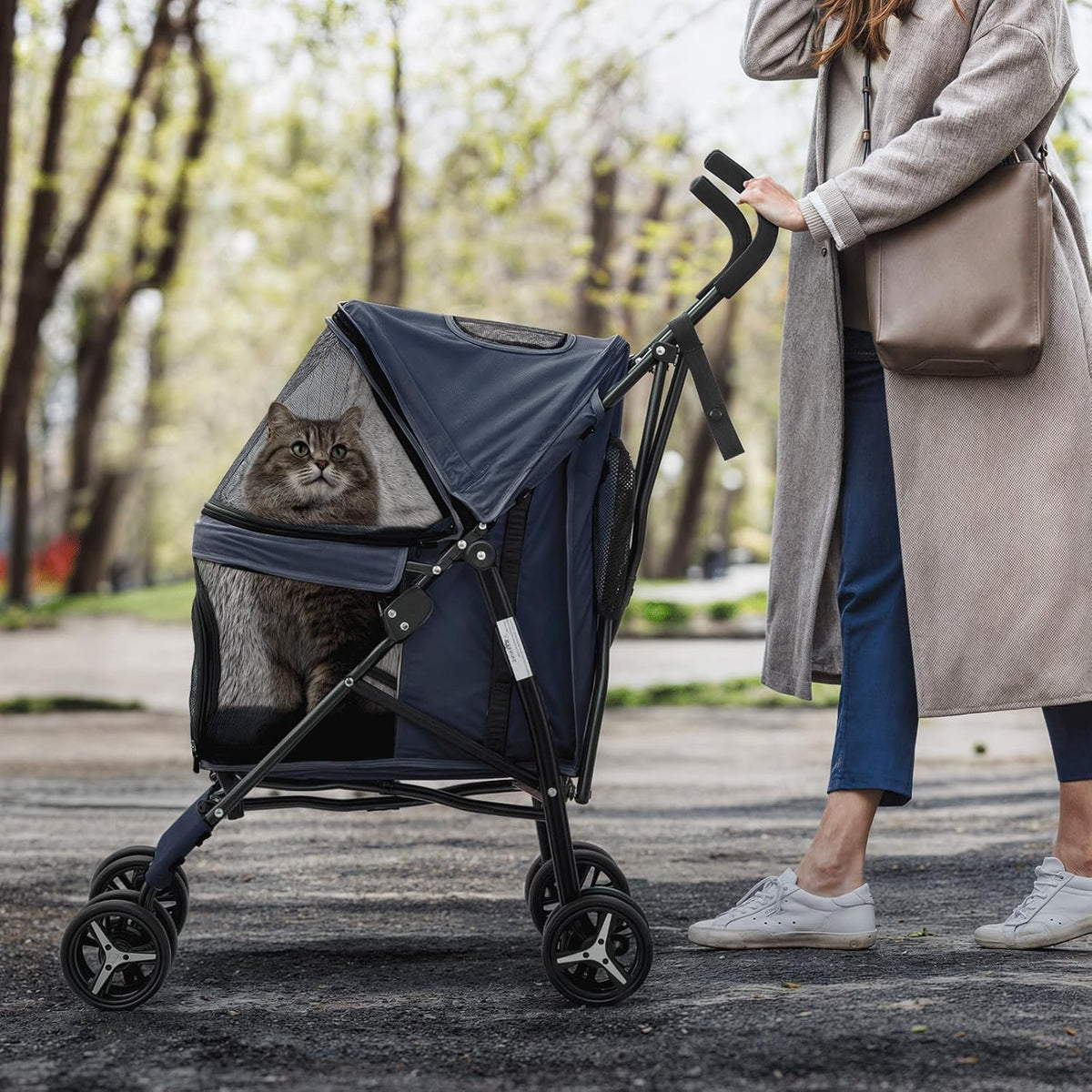 MoNiBloom 4 Wheels Pet Stroller, Easy-Fold Puppy Cage Jogger Stroller with Sun Cover, Pad and Rear