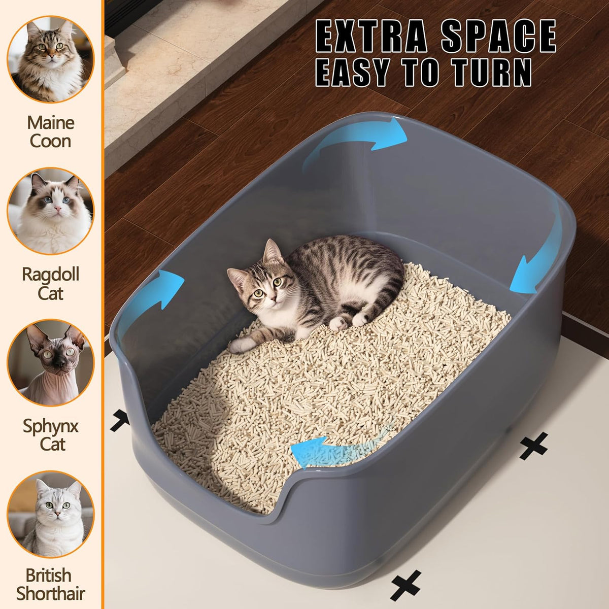 Gefryco Large Cat Litter Box with High Sided 24.6"x18.3"x12.2" - Jumbo Extra Large Open Anti