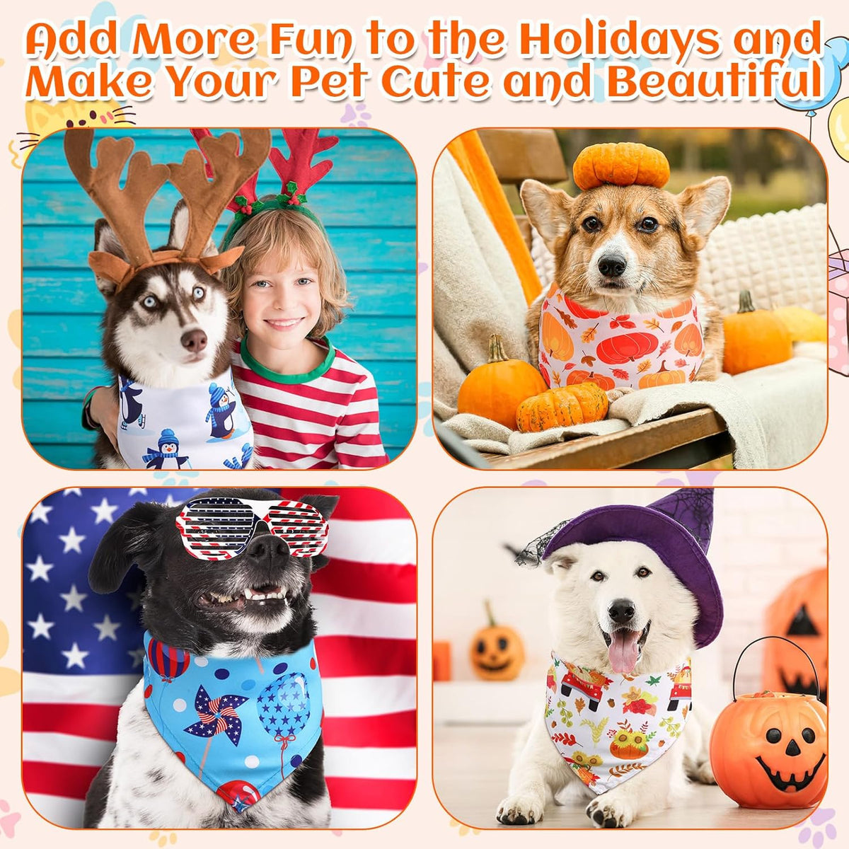 Reginary 72 Packs Holiday Dogs Bandanas Bulk Patriotic Halloween Thanksgiving Christmas New Year