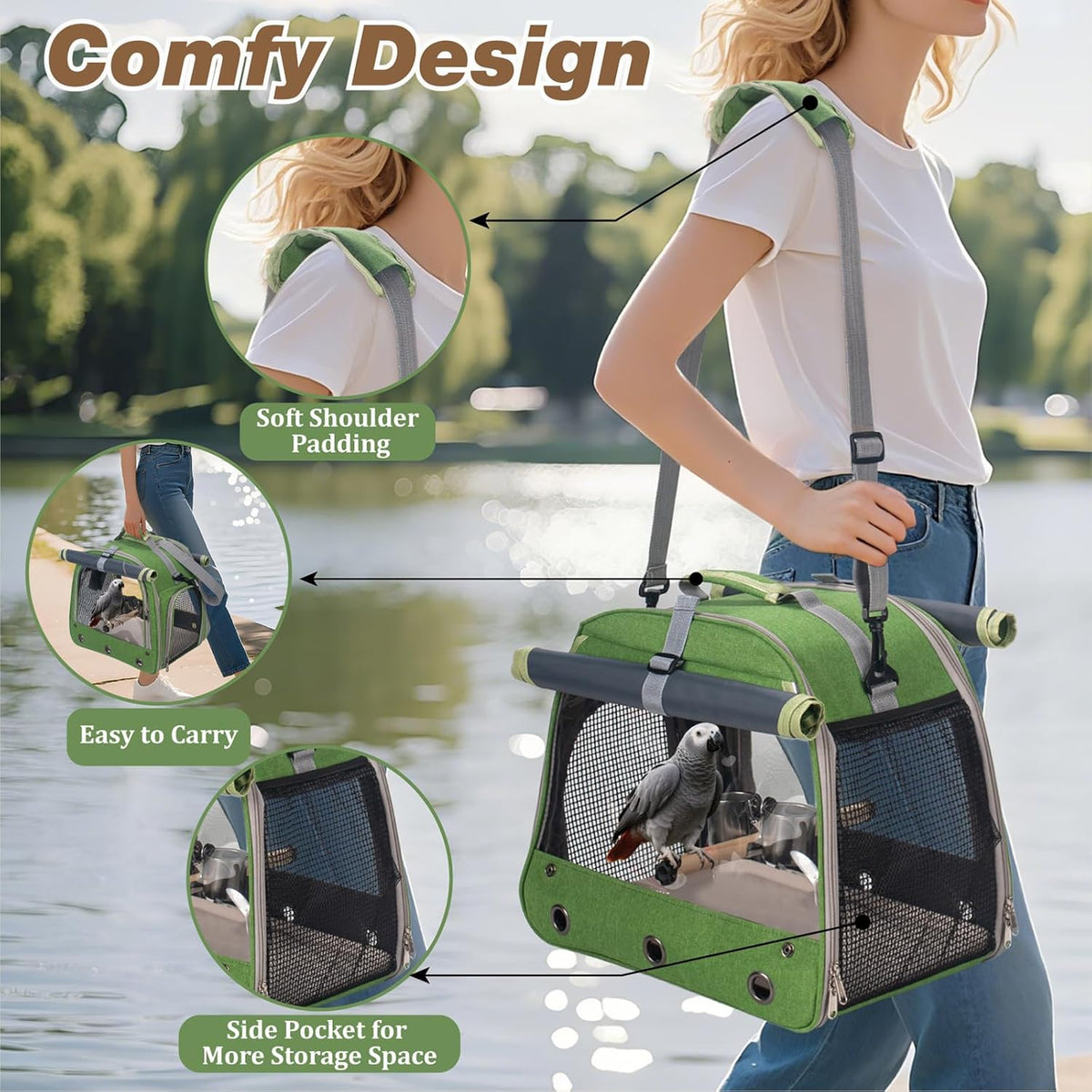 Bird Carrier Parrot Travel Cage with Perch, Food Bowl, Tray and Breathable Clear Window, Bird