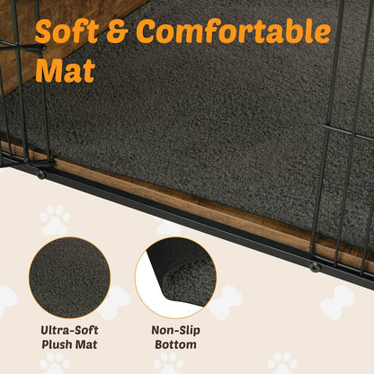 Dog Kennel Furniture, Wooden Dog Crate End Table with Dual Doors, Chew-Proof Design & Cushion