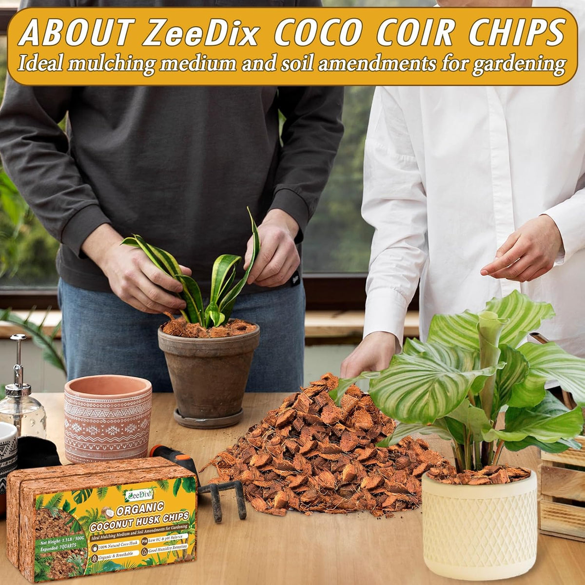 Zeedix 6 Pack Coco Husk Chips for Plants(6.6LB), 100% Organic Coconut Chips Mulch with Low EC & PH