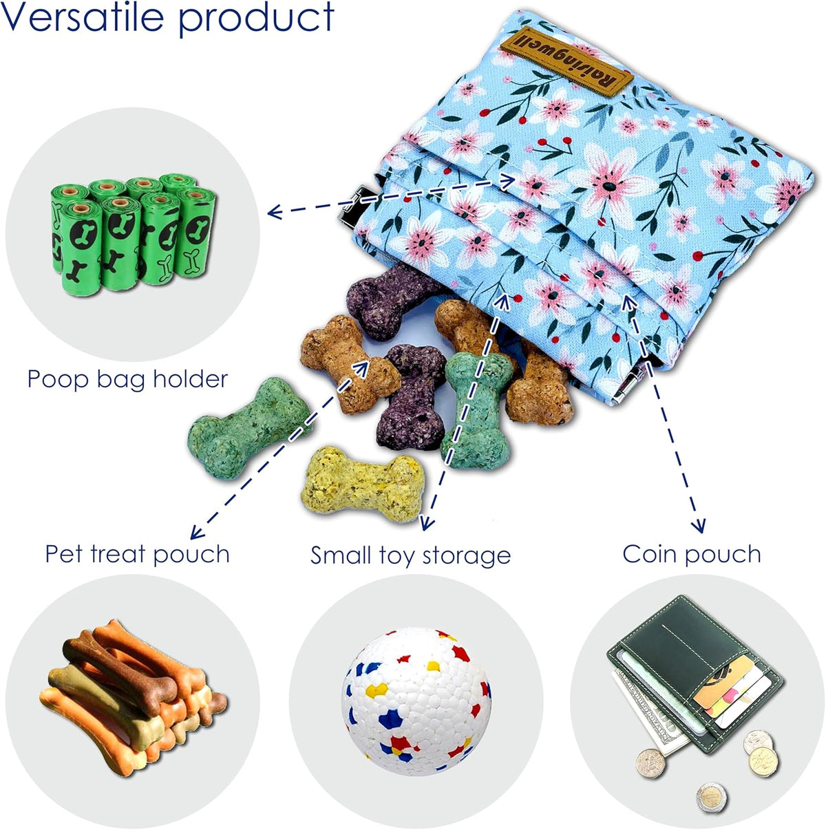 Dog Treat Pouch, Small Cotton Pocket Sized Training Holder, Hand Free Walking Fanny Bag with
