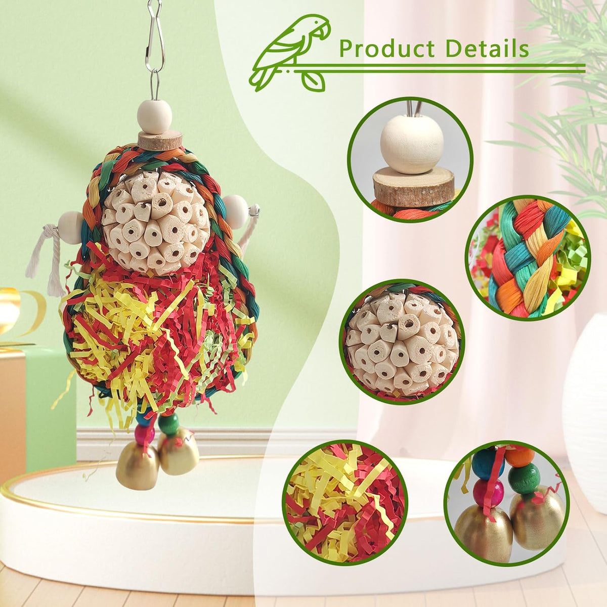Bird Hoop Swing and Parakeet Toys,Natural Sola Balls and Shredding Hanging Toy,Birds Rope