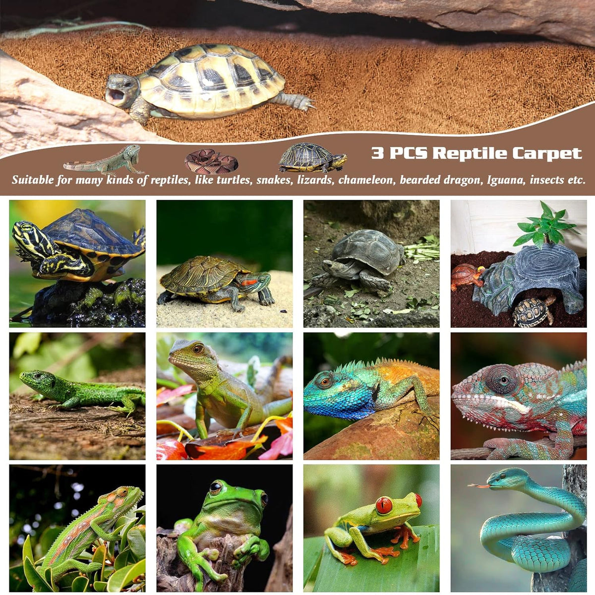 ZeeDix 3 Rolls Coconut Fiber Reptile Substrate Mat, 16 x 36 inches Natural Coco Mat Reptile Carpet