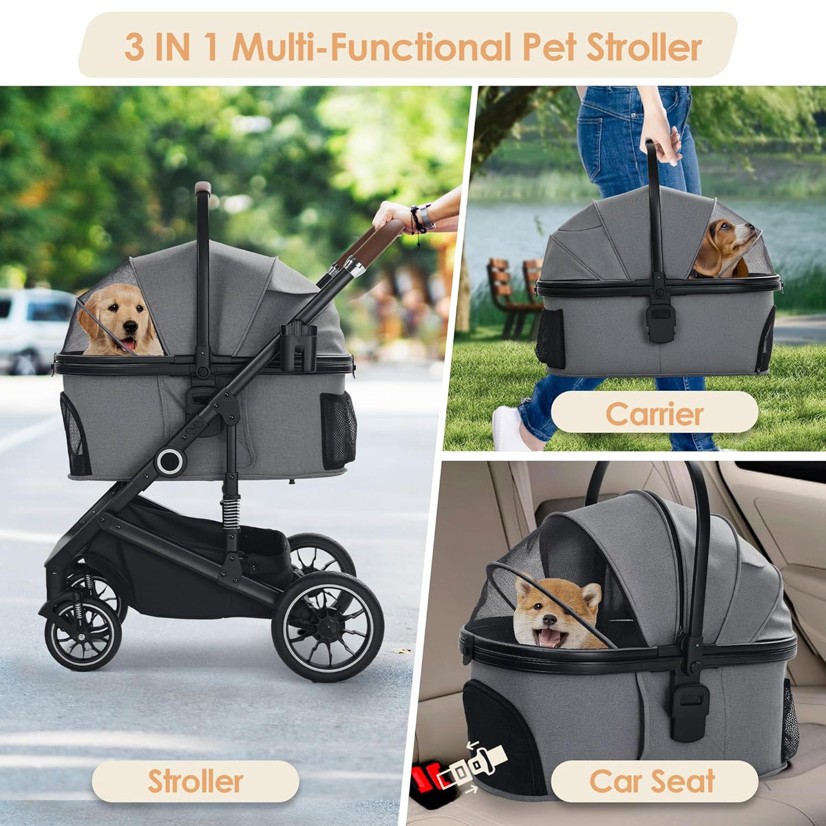 Pet Stroller with 4 Wheels, 3 in 1 Folding Puppy Strollers for Small/Medium Dogs Cats up to 50lbs
