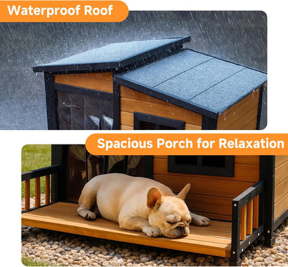 Large Indoor Outdoor Dog House,Wood Insulated Dog House,Weatherproof Outside Shelter with Elevated