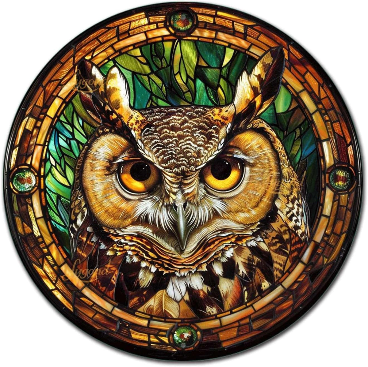 Lygond Metal Sign Tin Sign Circular Stained Glass Owl Home Deccor Store Home Decor for Patio 12×12