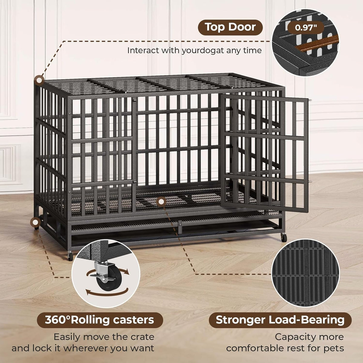 48/42/38 Inch Heavy Duty Indestructible Dog Crate,Escape Proof Dog Cage Kennel for Small Medium