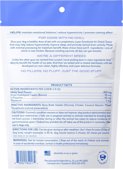 Native Pet Calming Chews for Dogs - Melatonin for Dogs Anxiety Relief - Grain Free All Natural Hemp