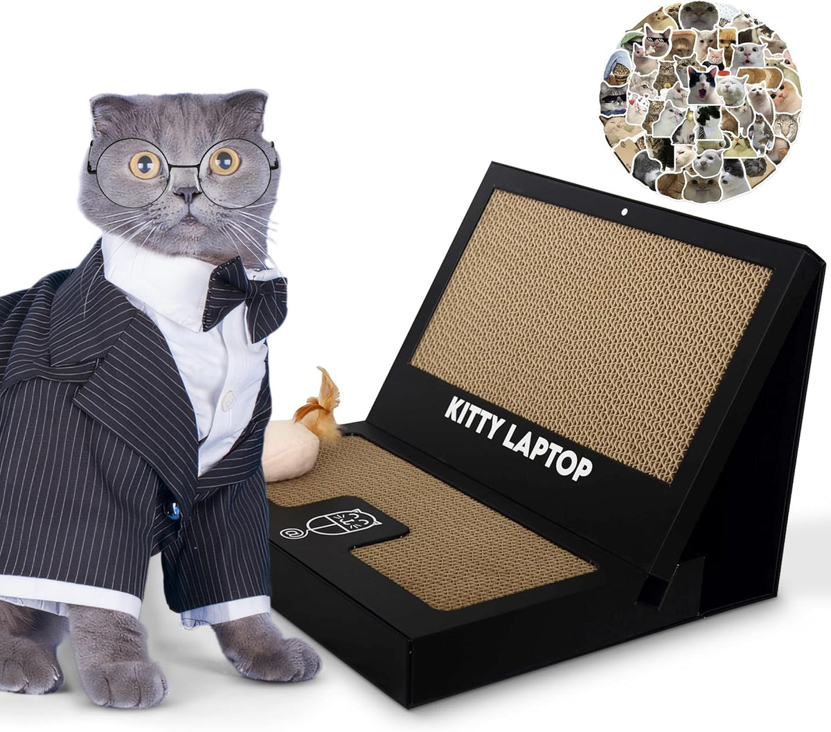 Toy Cat Laptop with 2 Scratchboards + Catnip Mouse Toy for Cats + 50pack Cat Sticker - Interactive