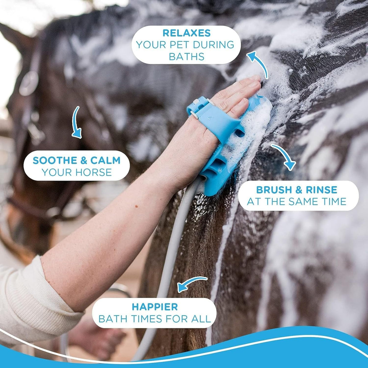 Aquapaw 5-in-1 Horse & Dog Bath Brush & Curry Comb - XL Blue Silicone - Includes 3-ft Shower Hose