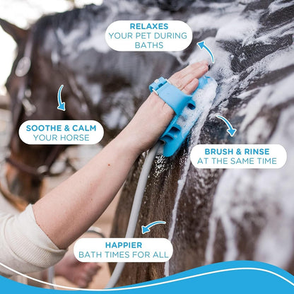 Aquapaw 5-in-1 Horse & Dog Bath Brush & Curry Comb - XL Blue Silicone - Includes 3-ft Shower Hose