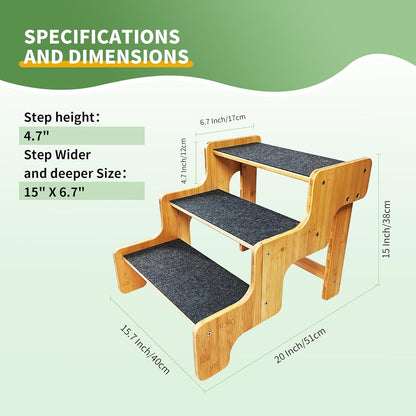 Dog Stairs for Small Dogs,3-Step Bamboo Wooden Dog/Pet/Cat Steps Ramp for Couch Sofa,Bed and Car