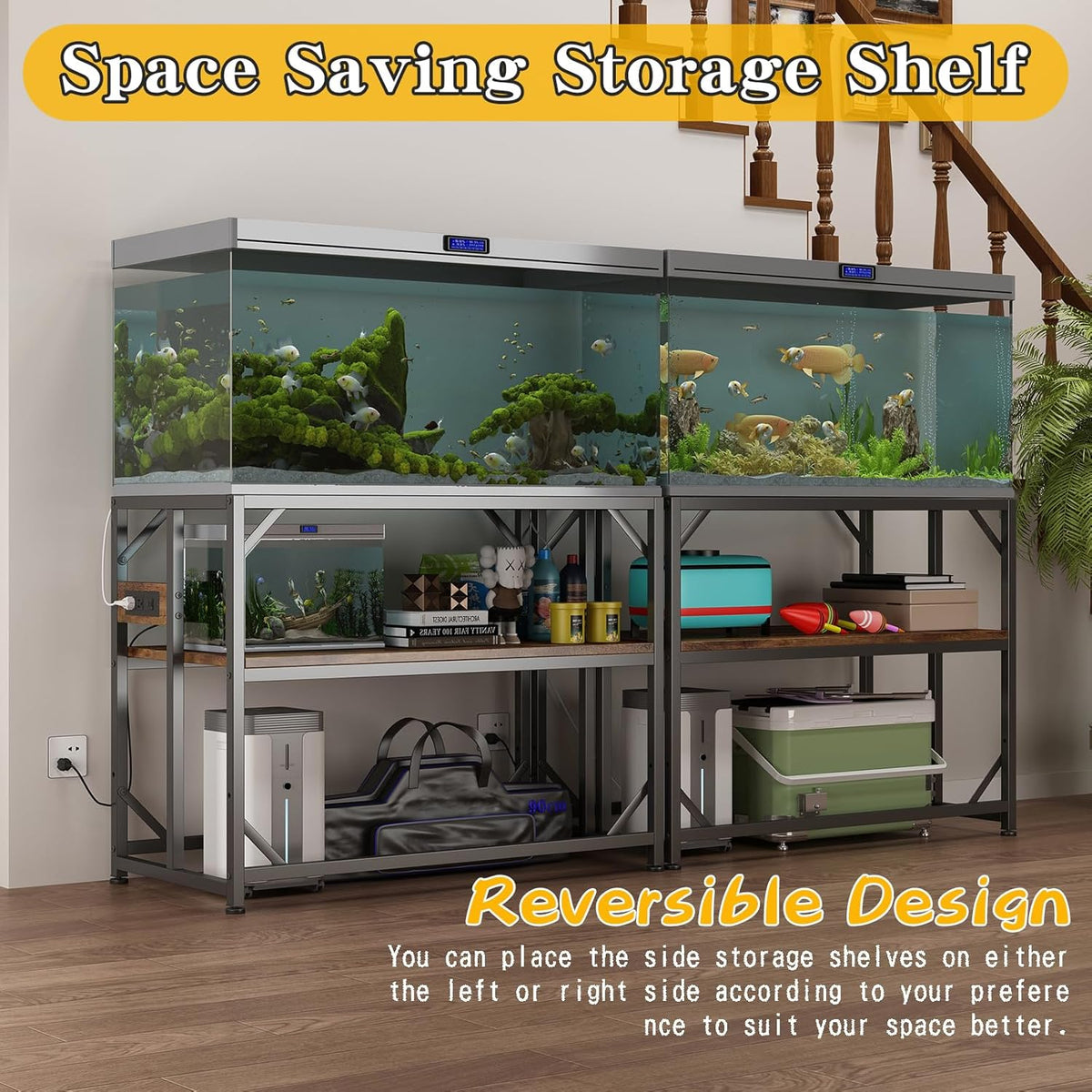 Sturdy Metal Aquarium Stand with Power Outlets, Adjustable Storage Cabinet - 660LBS Capacity