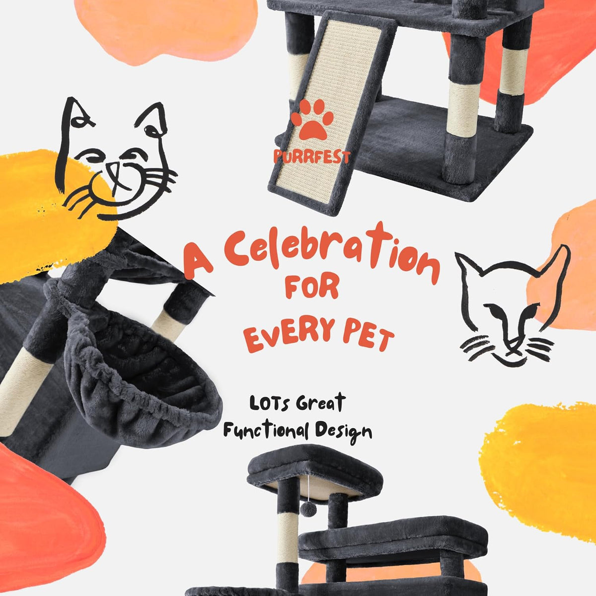 Cat Tree, 80-Inch Large Cat Tower with 9 Scratching Posts, 2 Perches, 2 Caves, 2 Basket, 2 Stairs