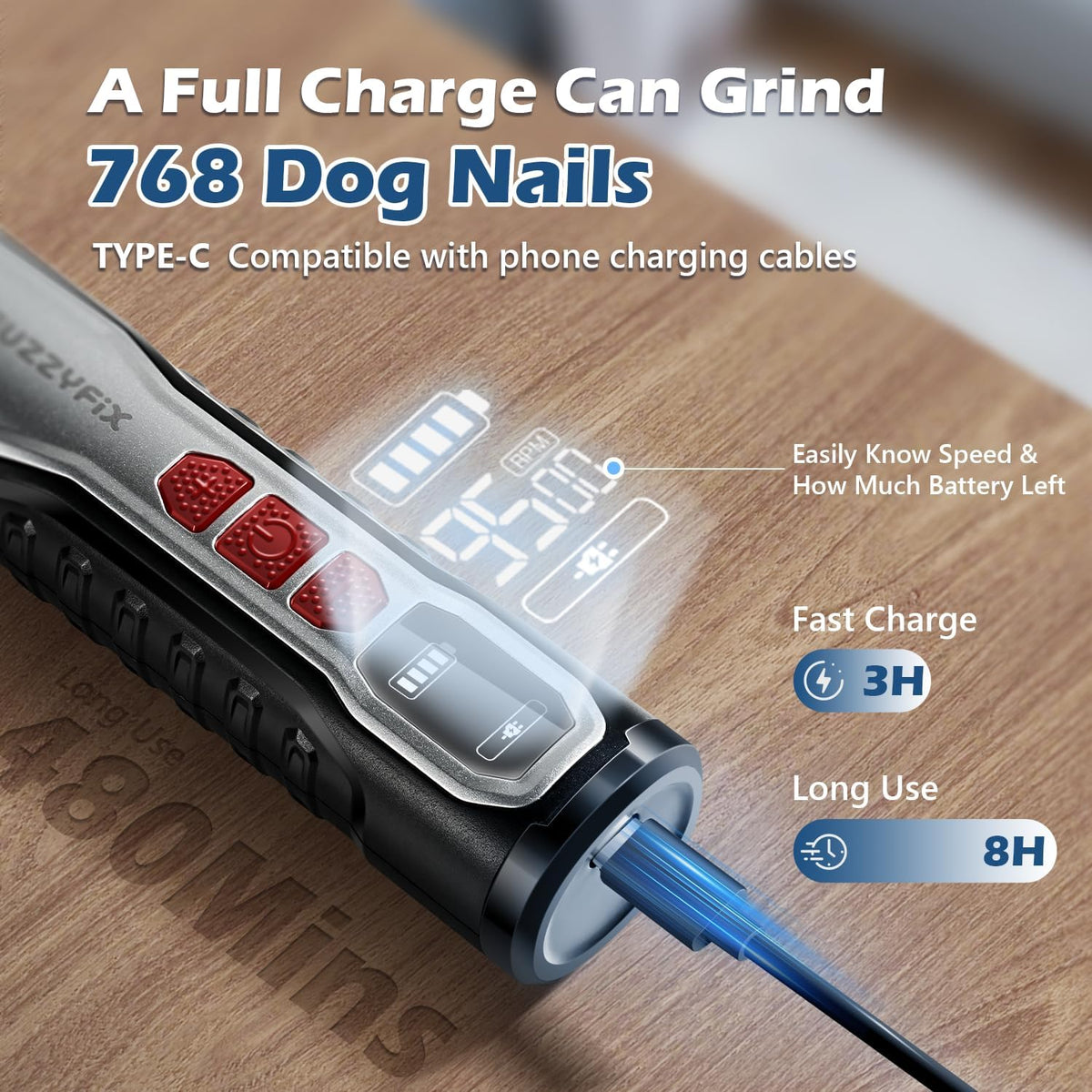 Dog Nail Grinder, Nail Clippers with LED Light, USB Rechargeable Electric Dog Nail Trimmer 5-Speed