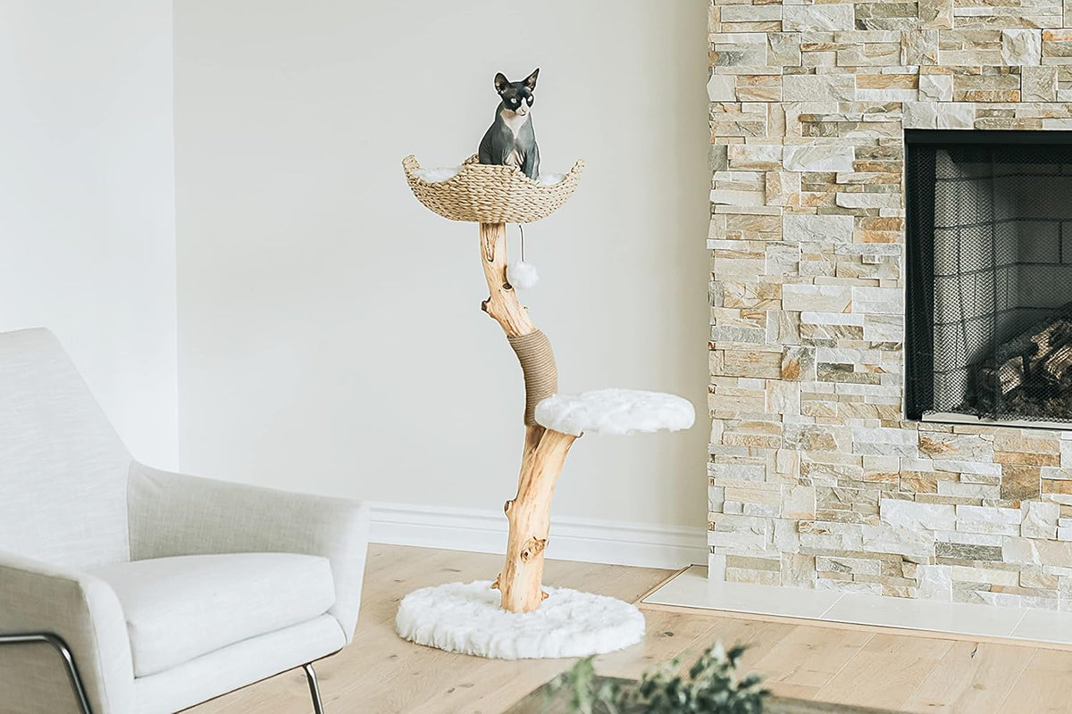 Wooden Cat Climbing Tree Tower, Modern Single Branch Cat Condo, Wood, Cat Lover Furniture Gift by