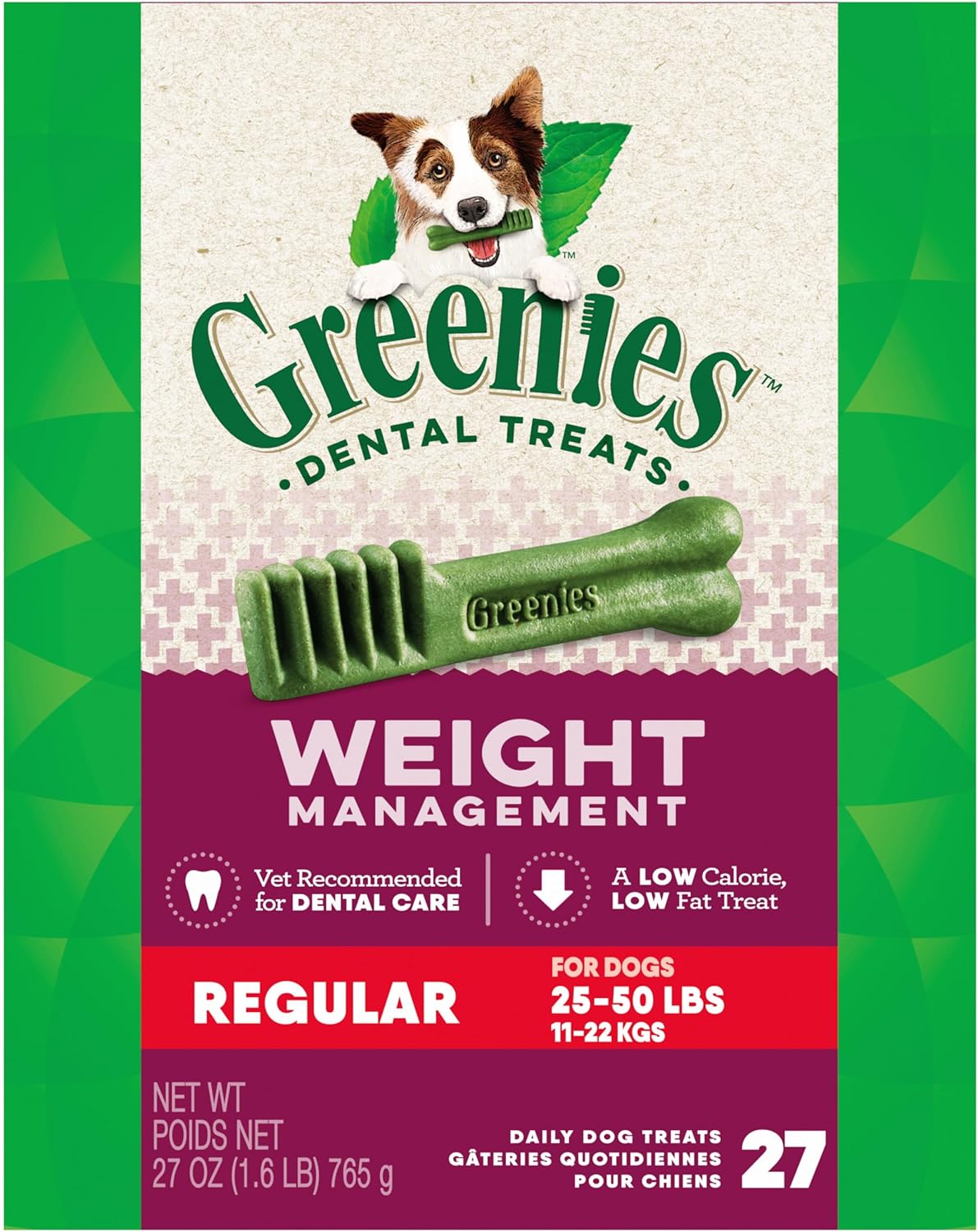 Greenies Weight Management Regular Dog Dental Chews Weight Control Dog Treats, 27 oz. Pack (27