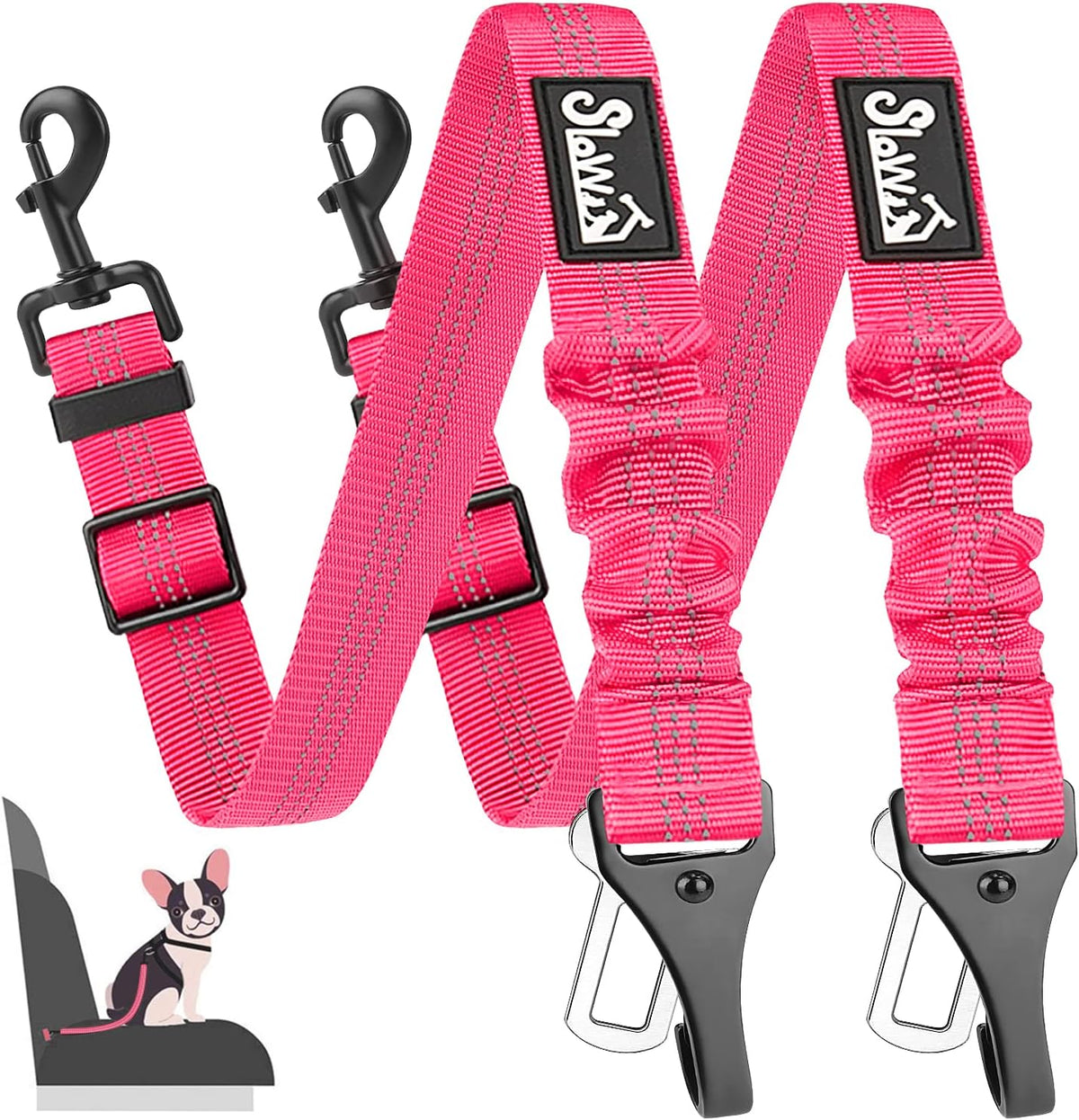 SlowTon 2 Pack Dog Seat Belt, 2 in 1 Attachment, Hook Latch Bar or Seatbelt Buckle with Elastic