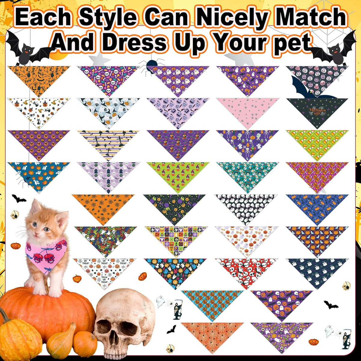 Reginary 72 Packs Halloween Dog Bandanas Bulk Pumpkin Ghost Pet Bandanas Triangle Scarf Bibs