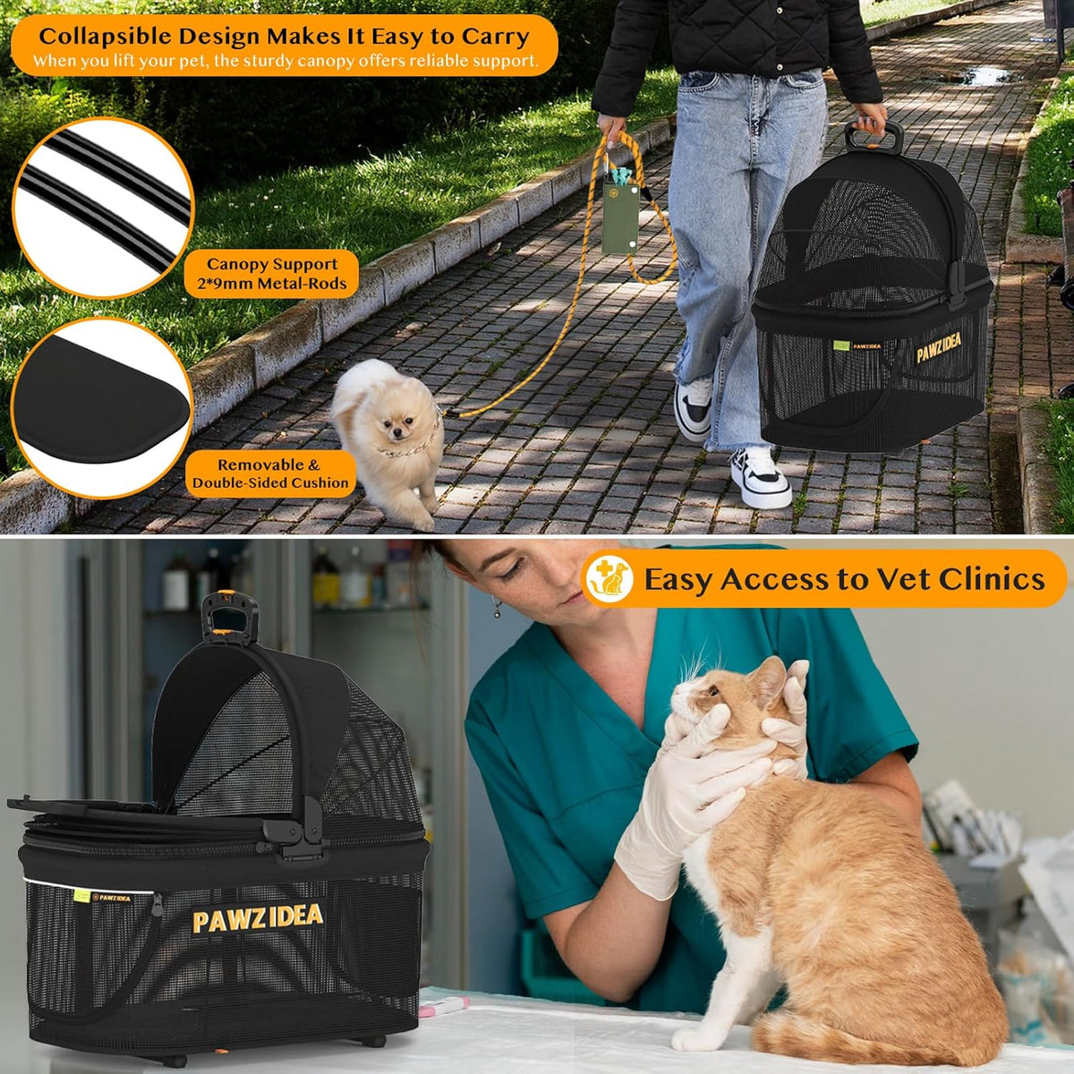 PAWZIDEA Dog Stroller 4 in 1, Pet Stroller for Cats with Detachable Carrier for Small/Medium
