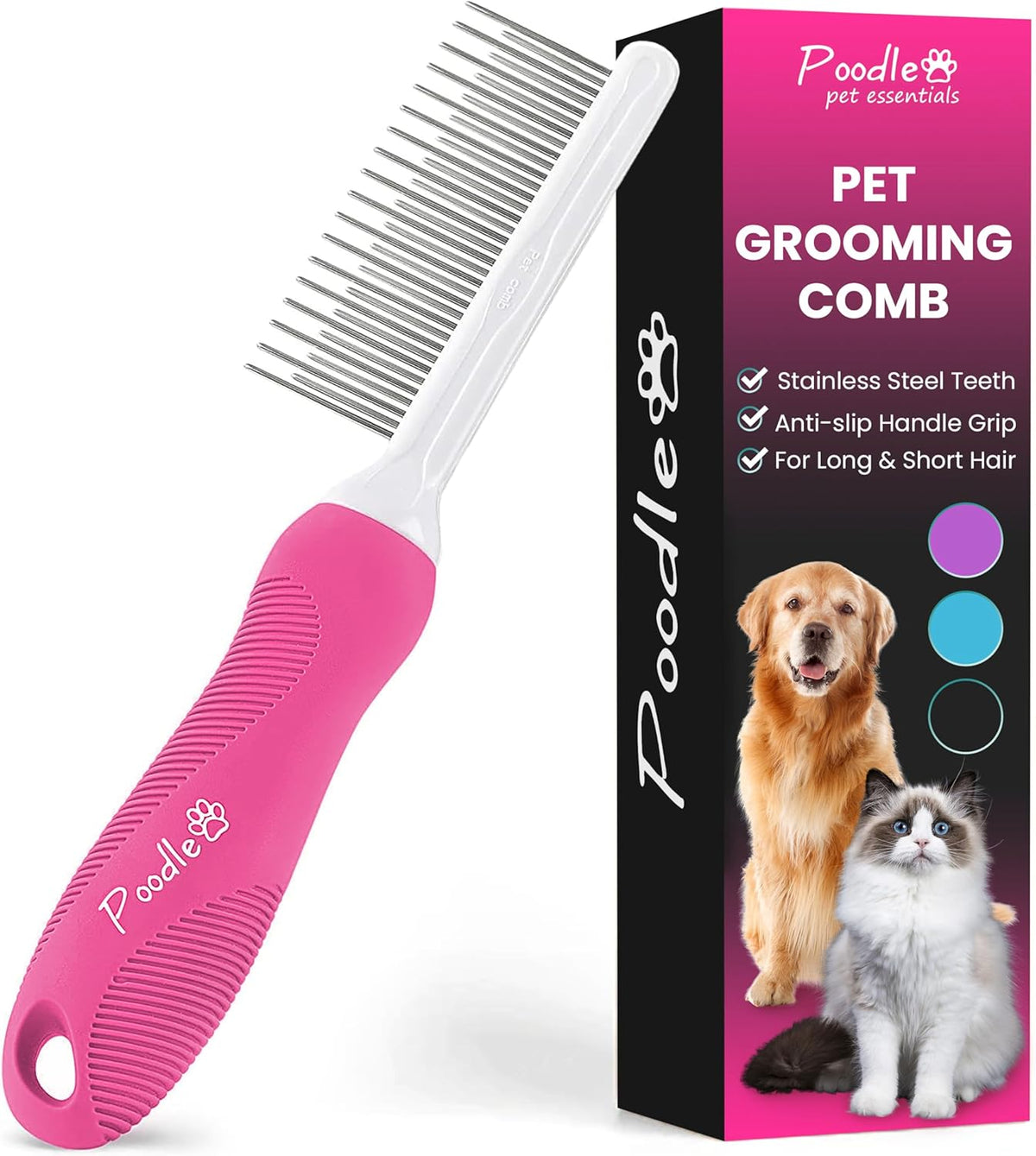 Poodle Pet Detangling Pet Comb with Long & Short Stainless Steel Teeth for Removing Matted Fur