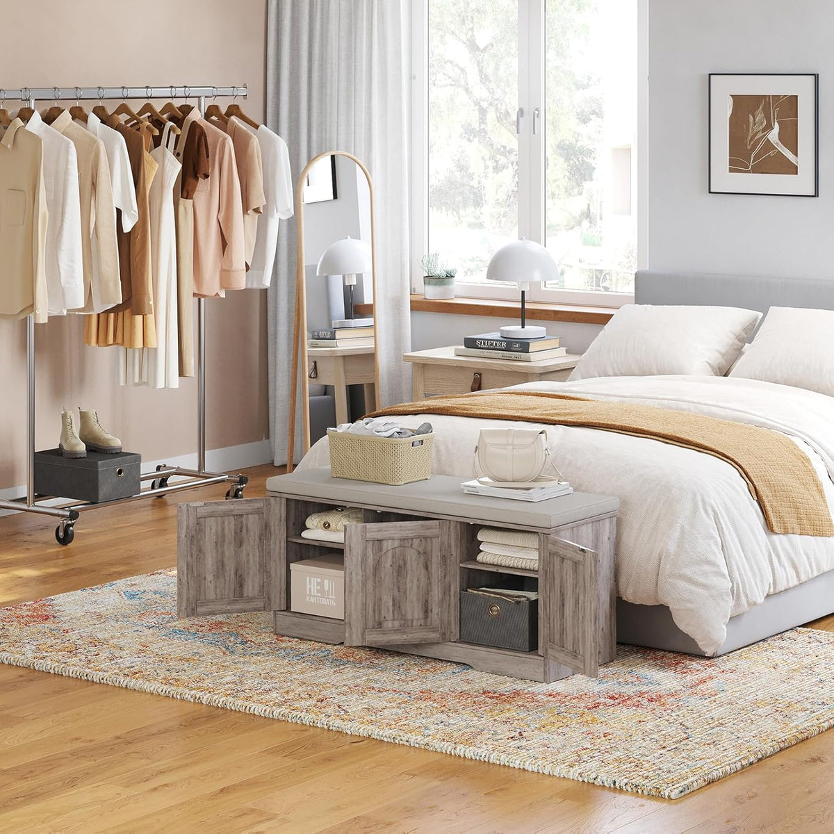DINZI LVJ Shoe Bench, Entryway Storage Bench with Doors, Cushion, 2-Tier Shoe Rack with 6-Cubby