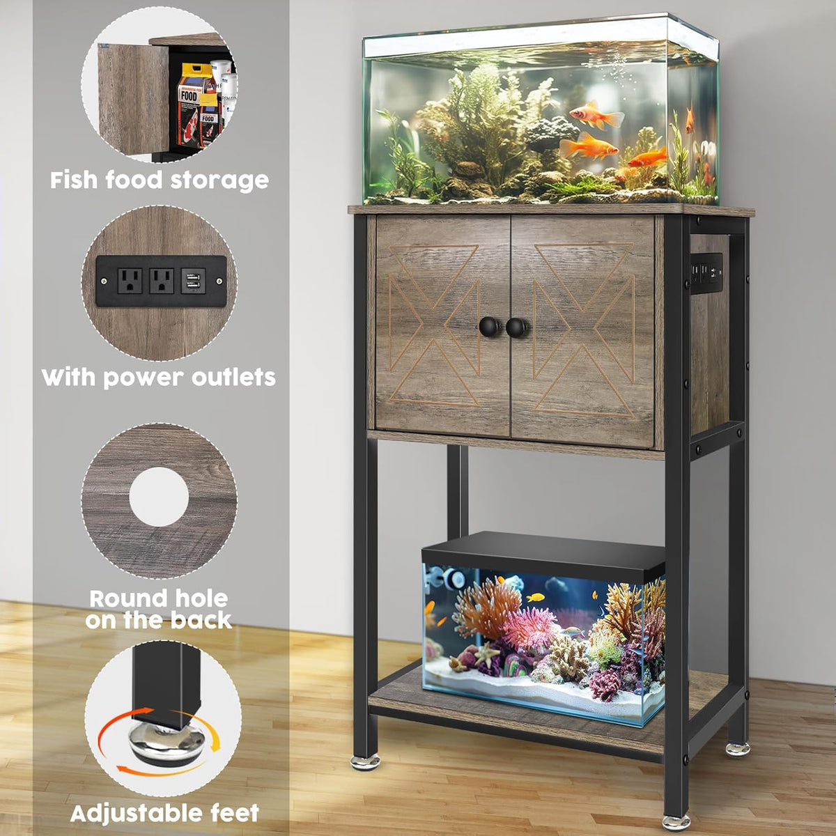 5-10 Gallon Fish Tank Stand, Heavy Duty Aquarium Stand with Cabinet & Power Outlets for Fish Tank