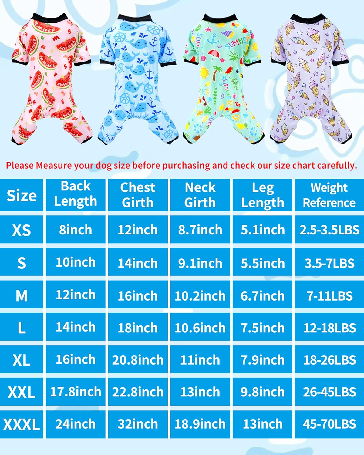 PET SHOW 4 Pack Dog Pajamas for Extra Large Dogs Girl Boy Watermelon Soft Stretchy PJs Whale Ice