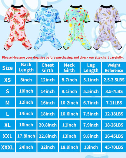 PET SHOW 4 Pack Dog Pajamas for Extra Large Dogs Girl Boy Watermelon Soft Stretchy PJs Whale Ice