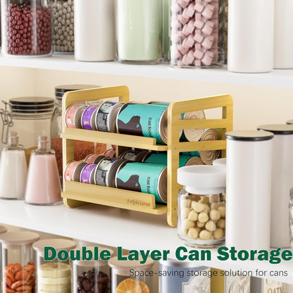 Rolling Bamboo Cat Food Can Organizer, 2-Layer Wet Cat Food Storage Container Holds 42 (3oz) Cans
