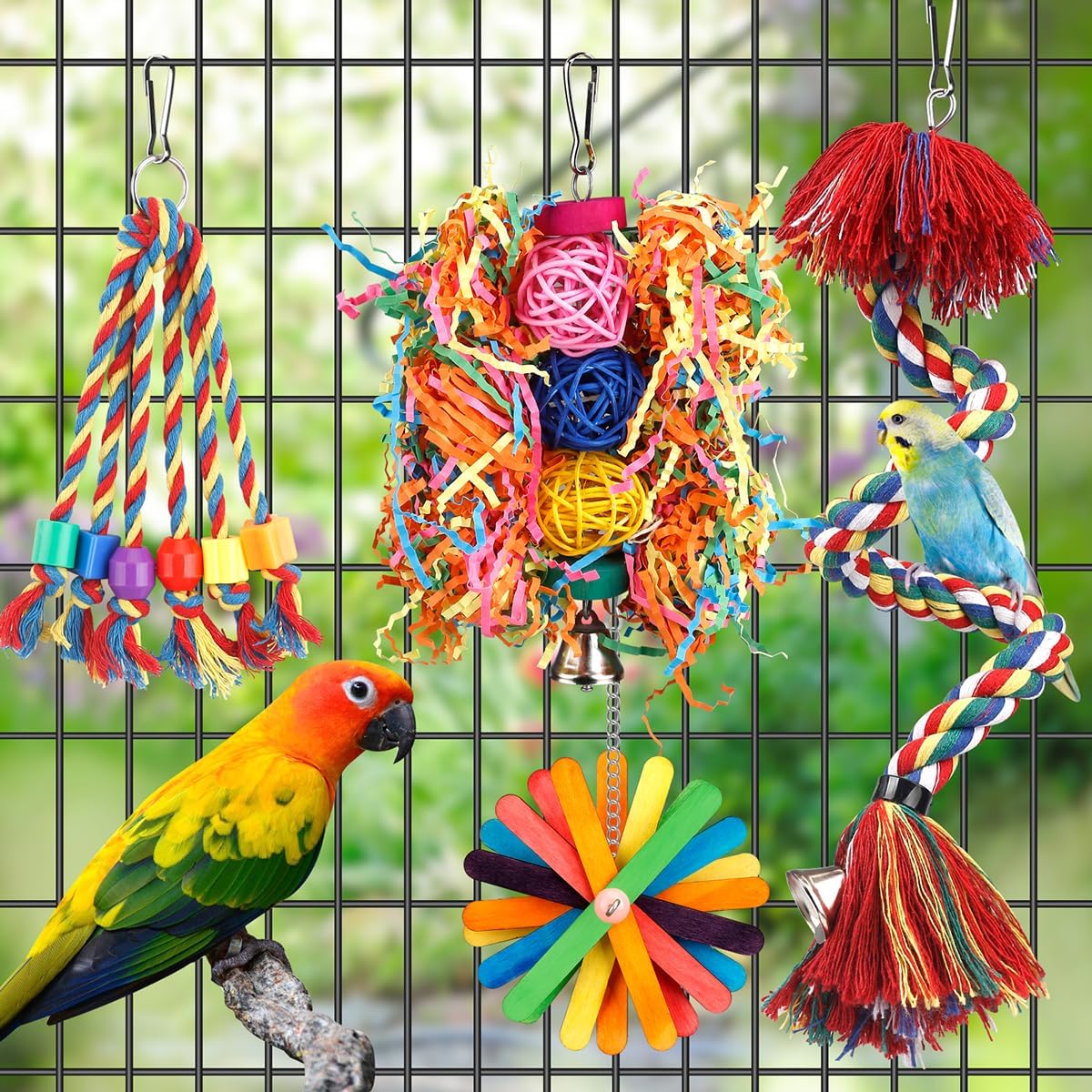 Bird Toys Rope Perch with Bell Colorful Bird Chewing Shredding Foraging Toys Parrot Swing Climbing
