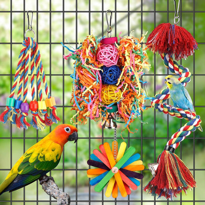 Bird Toys Rope Perch with Bell Colorful Bird Chewing Shredding Foraging Toys Parrot Swing Climbing