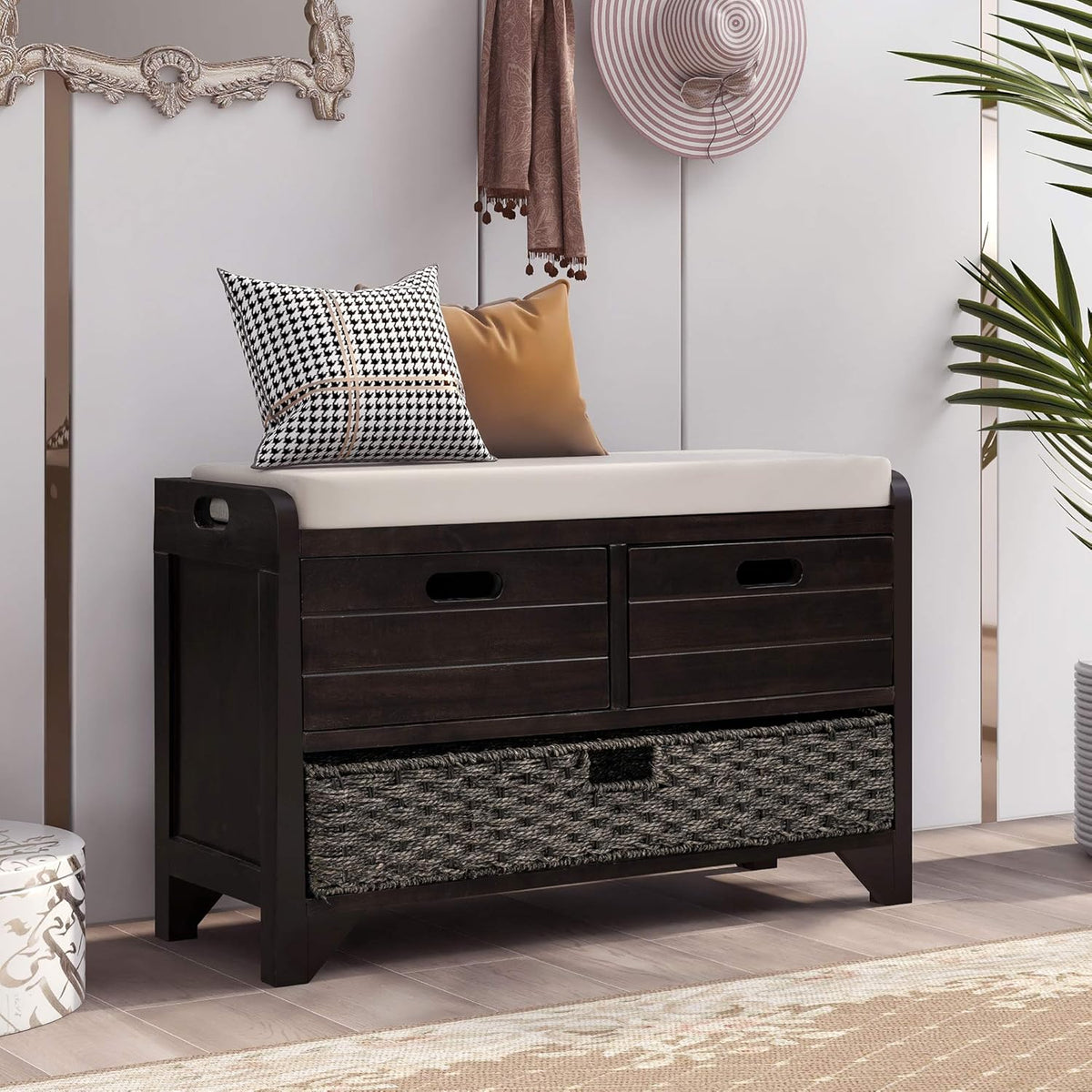 Storage Bench with Removable Basket 2 Drawers Fully Assembled Acacia Wood Shoe Bench Standing Shoe