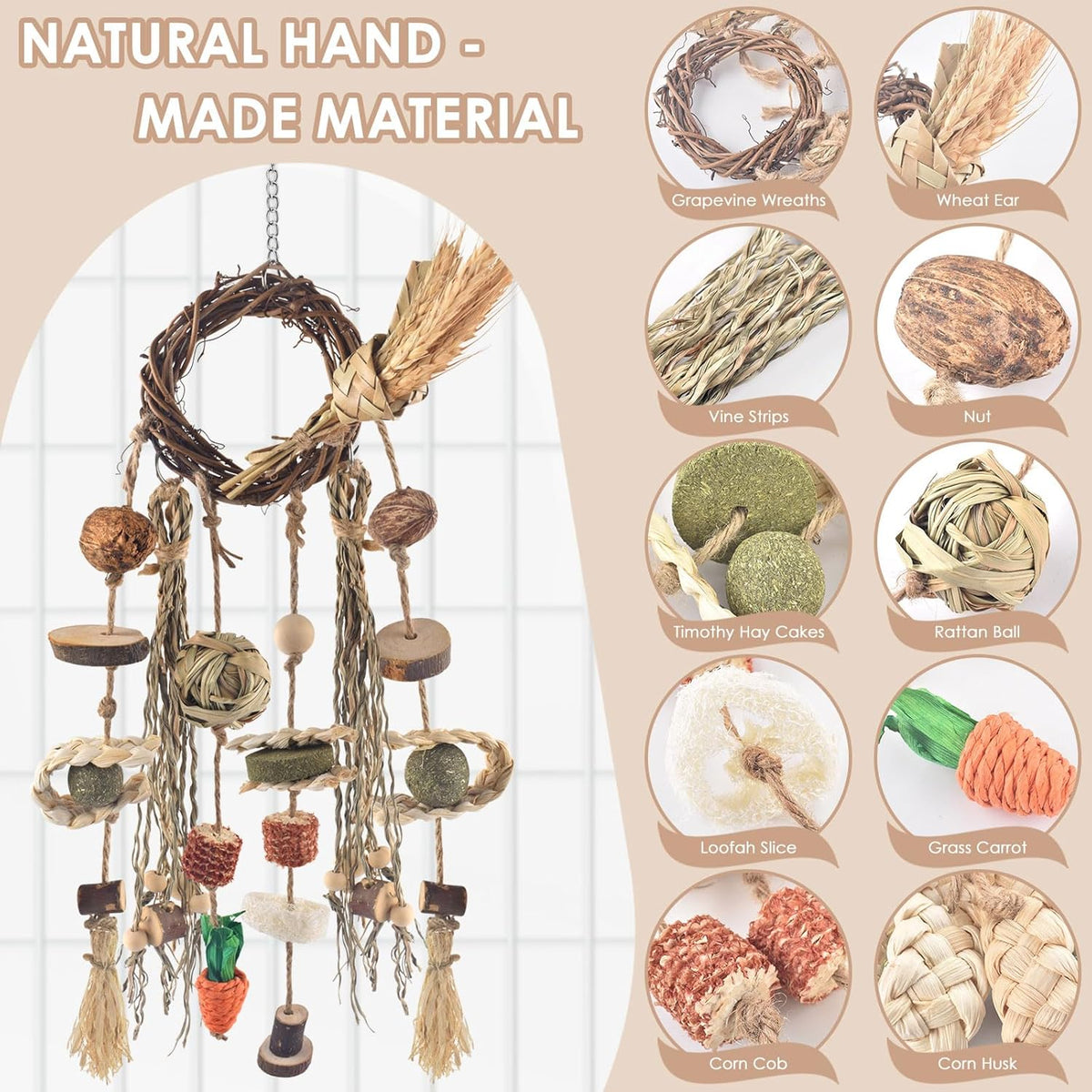 Bissap Bunny Chew Toy, Rabbits Cage Hanging Chew Toys and Treats Rattan Ring with Snacks Water