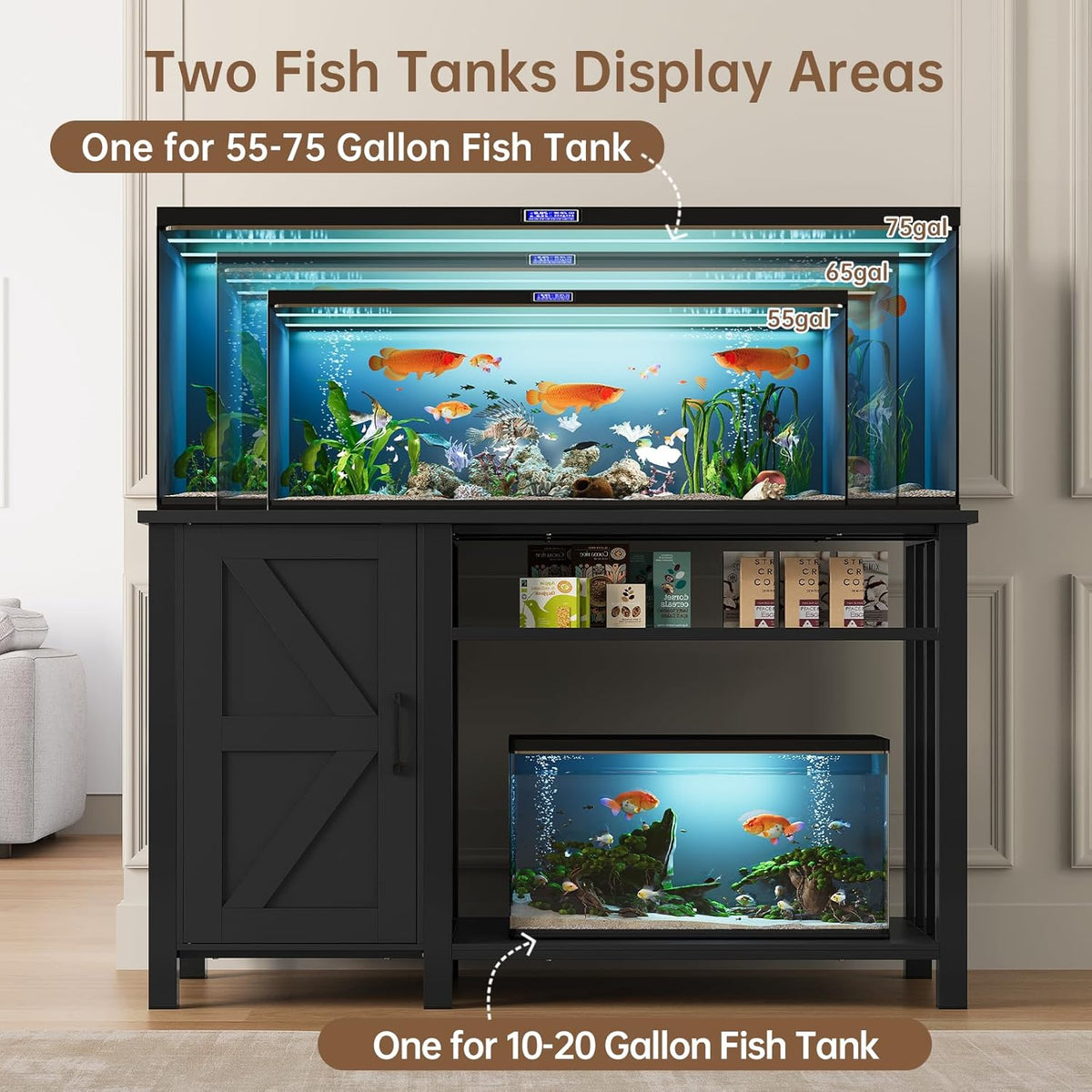 55-75 Gallon Fish Tank Stand with Power Outlet & Adjustable Shelf, Heavy Duty Aquarium Stand with