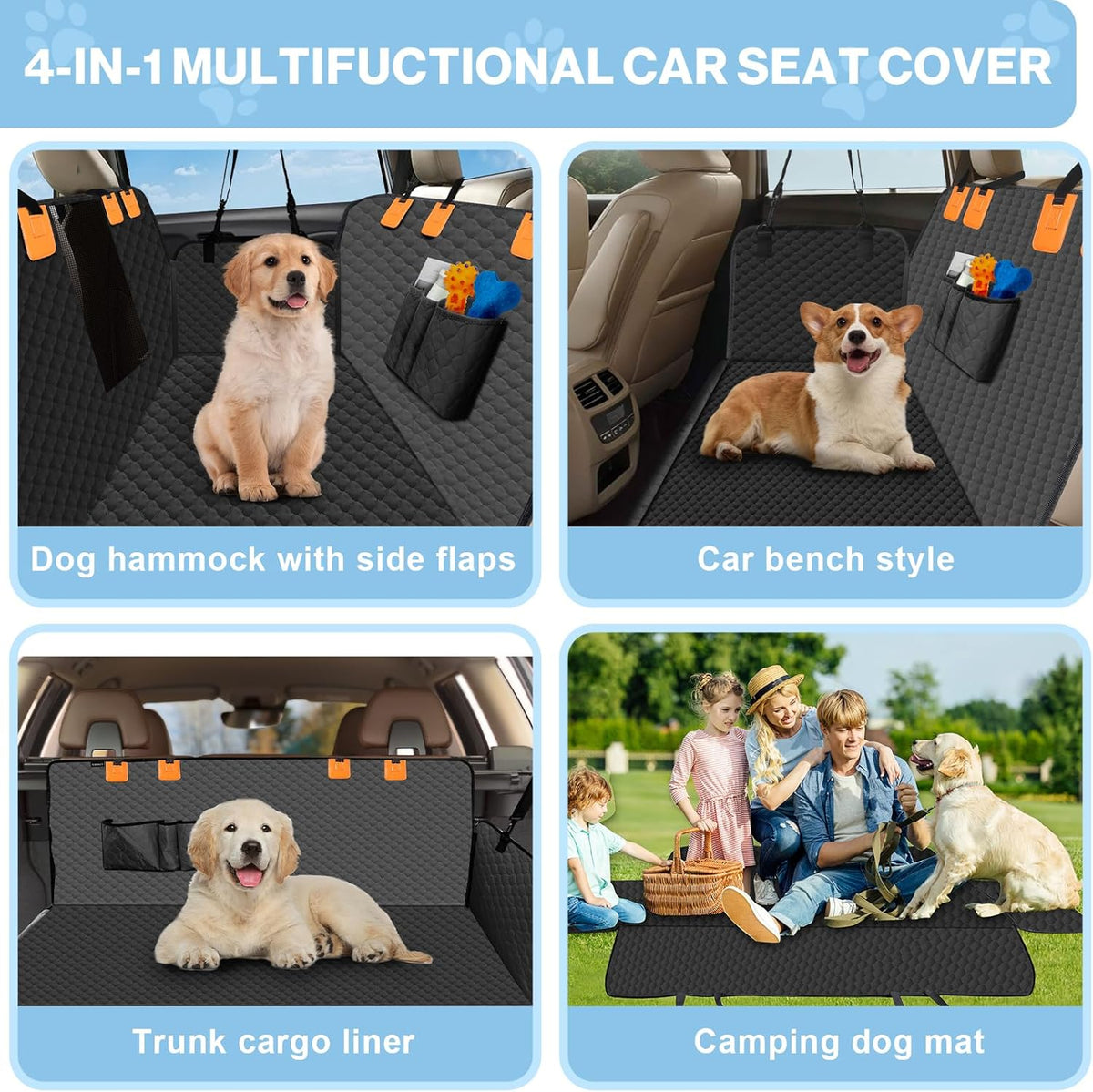 Dog Car Seat Cover for Back Seat, Waterproof Protector with Side Flaps, Scratchproof Hammock