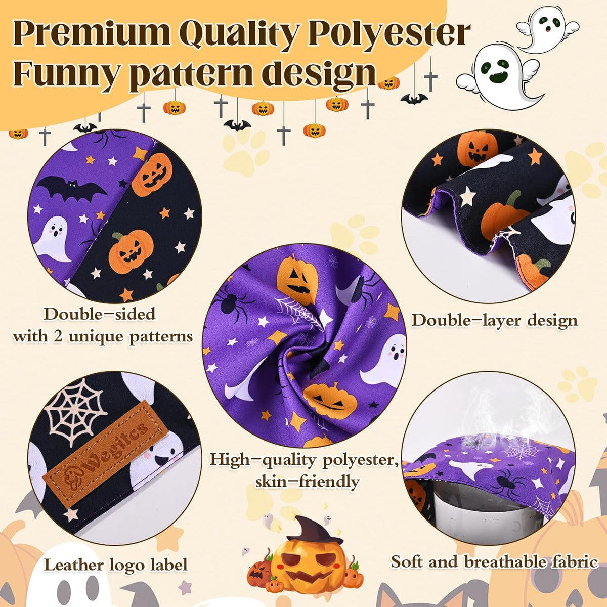 2 Pack Halloween Dog Bandanas,Leather Brand Logo, Double-Layed Soft Skin-Friendly Fabric, Autumn