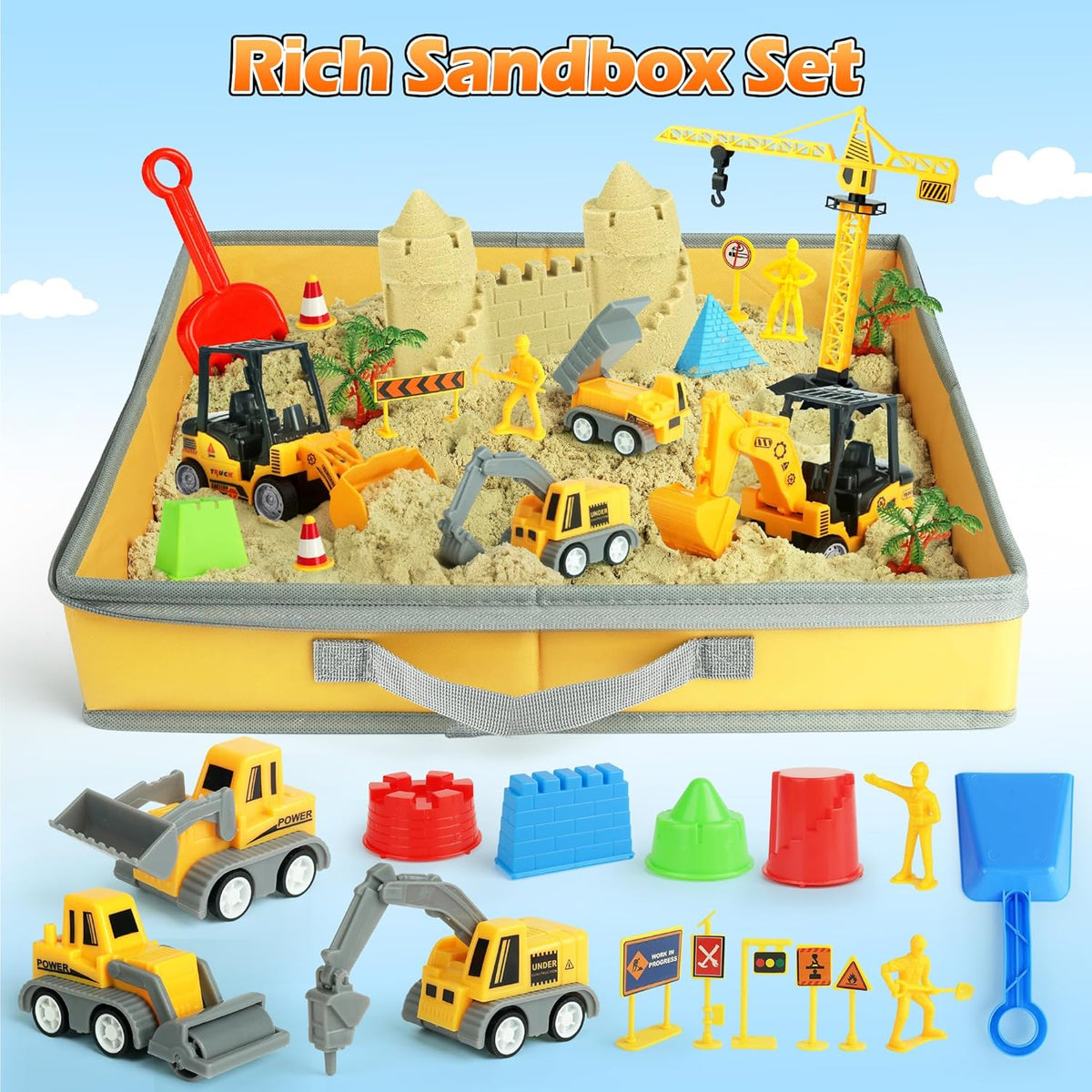 Sand Construction Site Kit - 37 Pcs Play Sand Art Kit with 8 Construction Trucks, Folding Sandbox