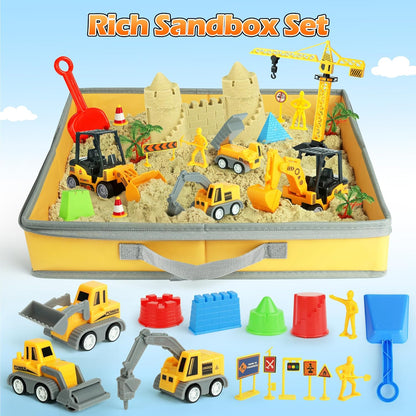 Sand Construction Site Kit - 37 Pcs Play Sand Art Kit with 8 Construction Trucks, Folding Sandbox
