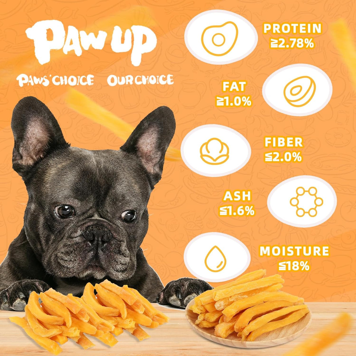 PAWUP Sweet Potatoes Strips Dog Treats - Single Ingredient Soft Chews w/Taurine, Chewy Sticks for