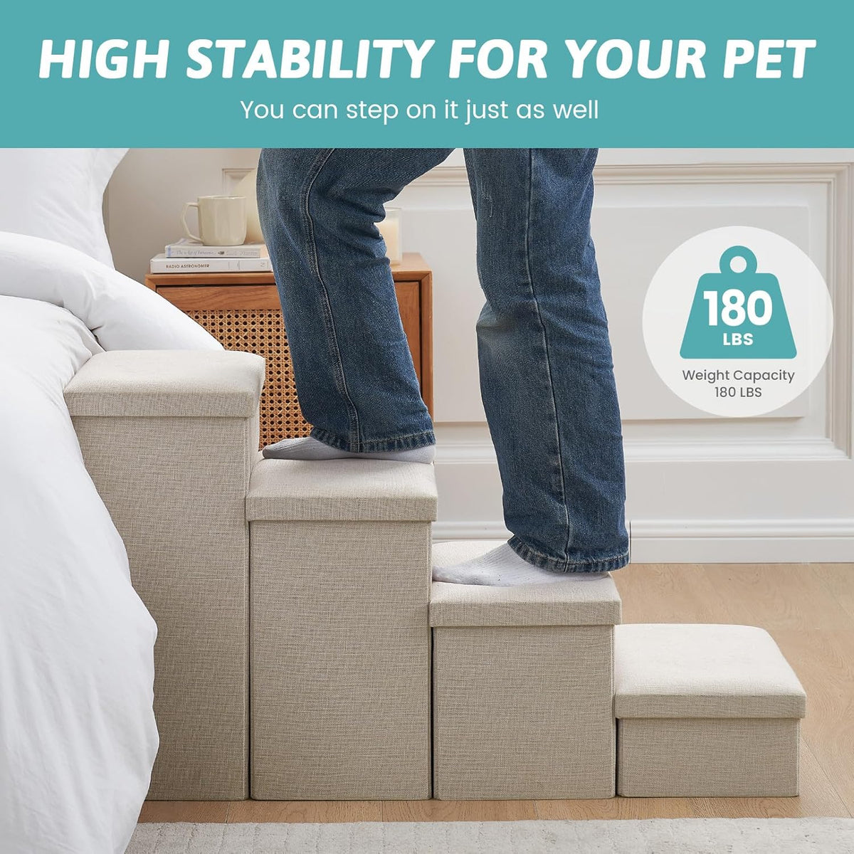Dog Stairs with Storage, 4-Step Wider Sturdy Dog Steps for Small/Medium/Large Dogs and Older Cats