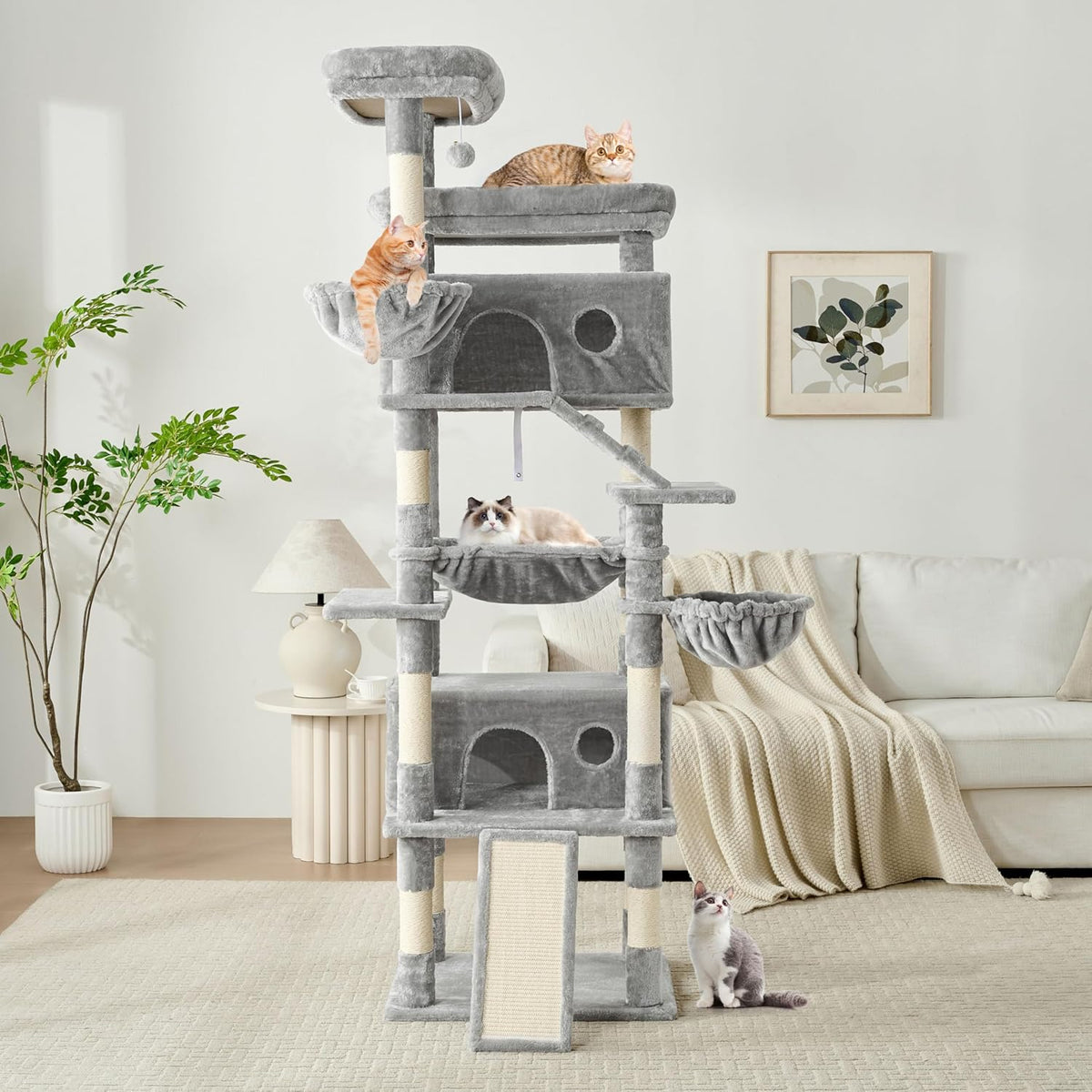Cat Tree, 80-Inch Large Cat Tower with 9 Scratching Posts, 2 Perches, 2 Caves, 2 Basket, 2 Stairs
