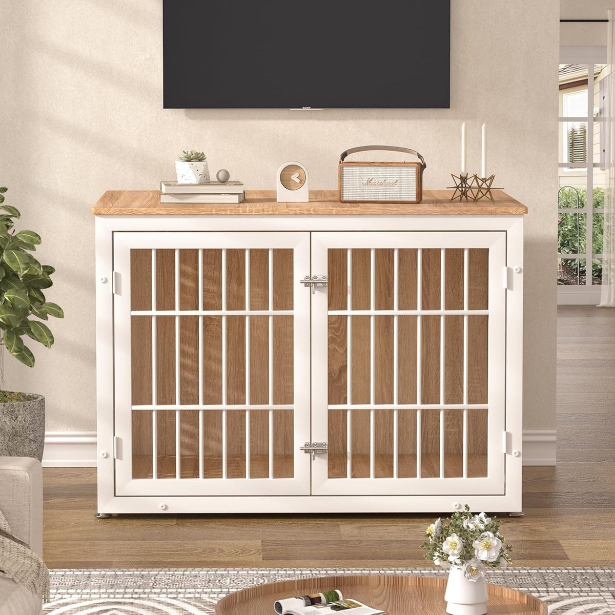 42" Heavy Duty Dog Crate Furniture for Large Dogs, Metal Kennel for High Anxiety Dogs, White Wooden