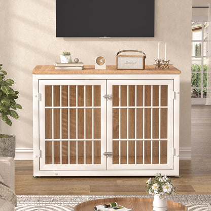42" Heavy Duty Dog Crate Furniture for Large Dogs, Metal Kennel for High Anxiety Dogs, White Wooden
